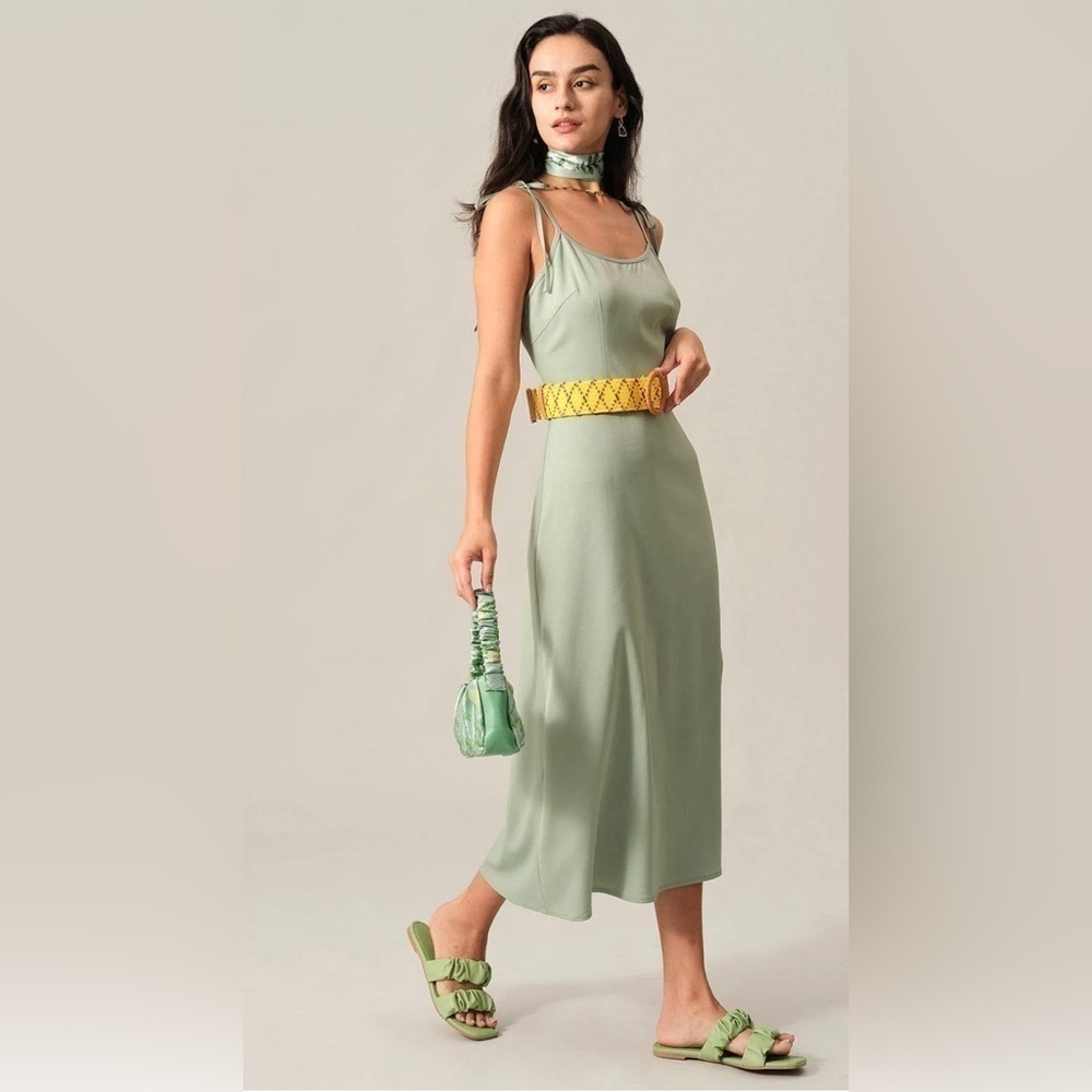 Solid Color Spaghetti Tie Strap Midi Dress In Mint Size L
